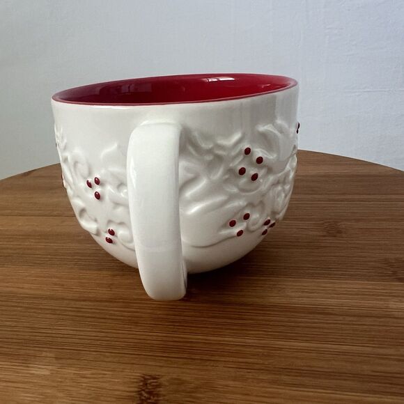 Starbucks 2008 White Holiday Mug Red Berries Embossed Doves Reindeer Trees 12oz - Picture 2 of 6